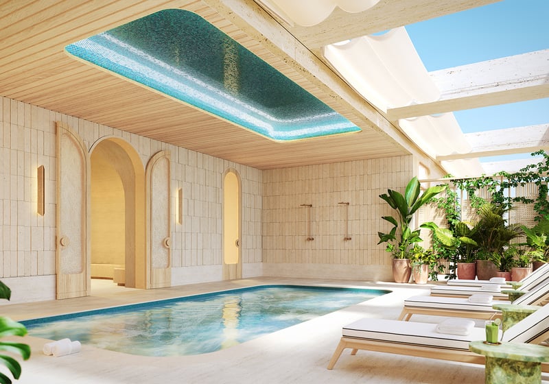 Shell Bay by Auberge, Hallandale Beach indoor pool with lush plants, private wellness amenity for luxury and ultra luxury condos; preconstruction. Featuring luxurious.