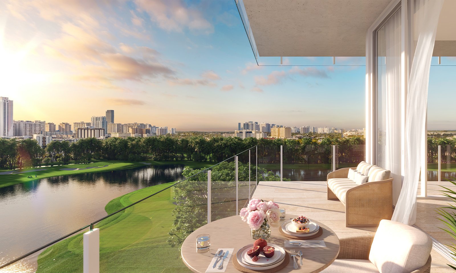 Shell Bay by Auberge, Hallandale Beach balcony breakfast with city view, club lifestyle in luxury and ultra luxury condos; preconstruction.