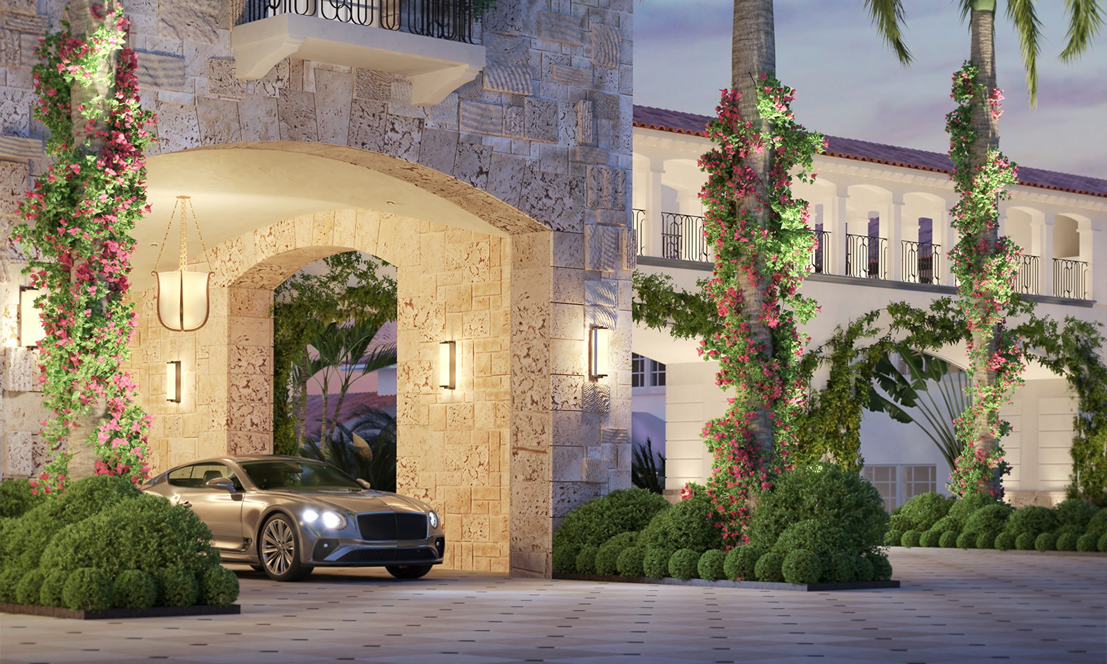 Shell Bay by Auberge, Hallandale Beach entrance with blooming flowers, resort arrival for luxury and ultra luxury condos; preconstruction.