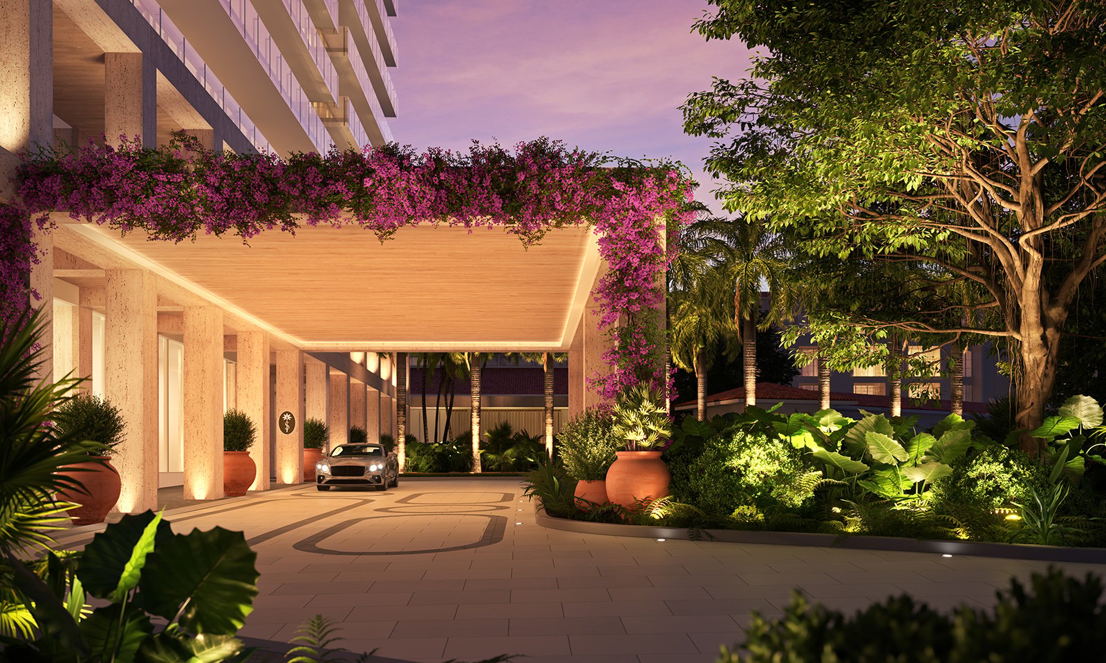 Shell Bay by Auberge, Hallandale Beach landscaped entrance at dusk, gated approach to luxury and ultra luxury condos; preconstruction. Featuring garden.