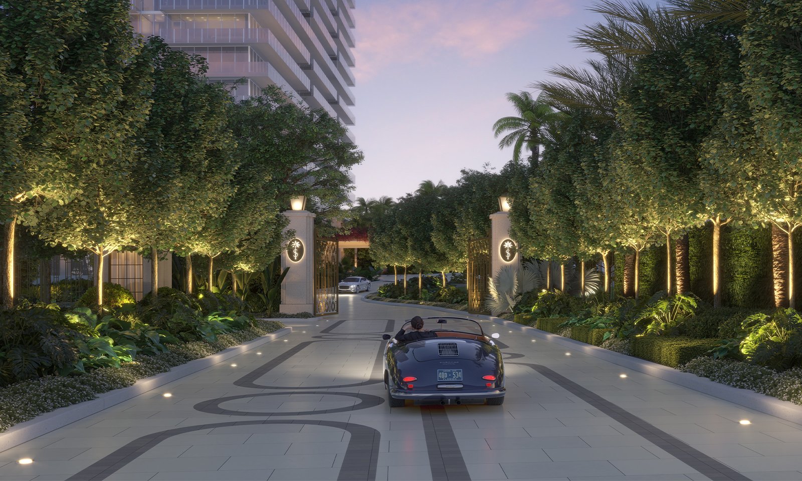 Shell Bay by Auberge, Hallandale Beach scenic drive entry, private arrival to luxury and ultra luxury condos; preconstruction. Featuring entrance.