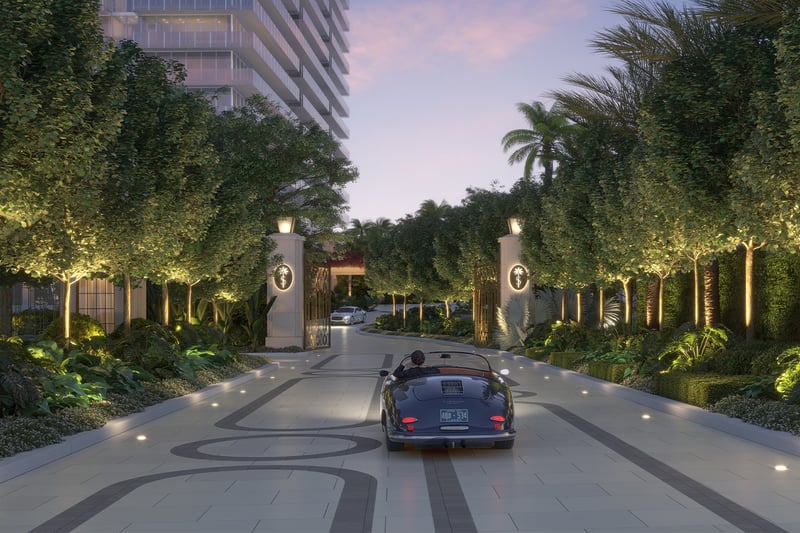 Shell Bay by Auberge, Hallandale Beach scenic drive entry, private arrival to luxury and ultra luxury condos; preconstruction. Featuring entrance.