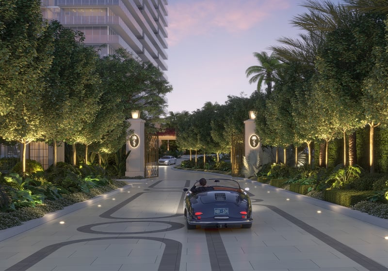 Shell Bay by Auberge, Hallandale Beach scenic drive entry, private arrival to luxury and ultra luxury condos; preconstruction. Featuring entrance.