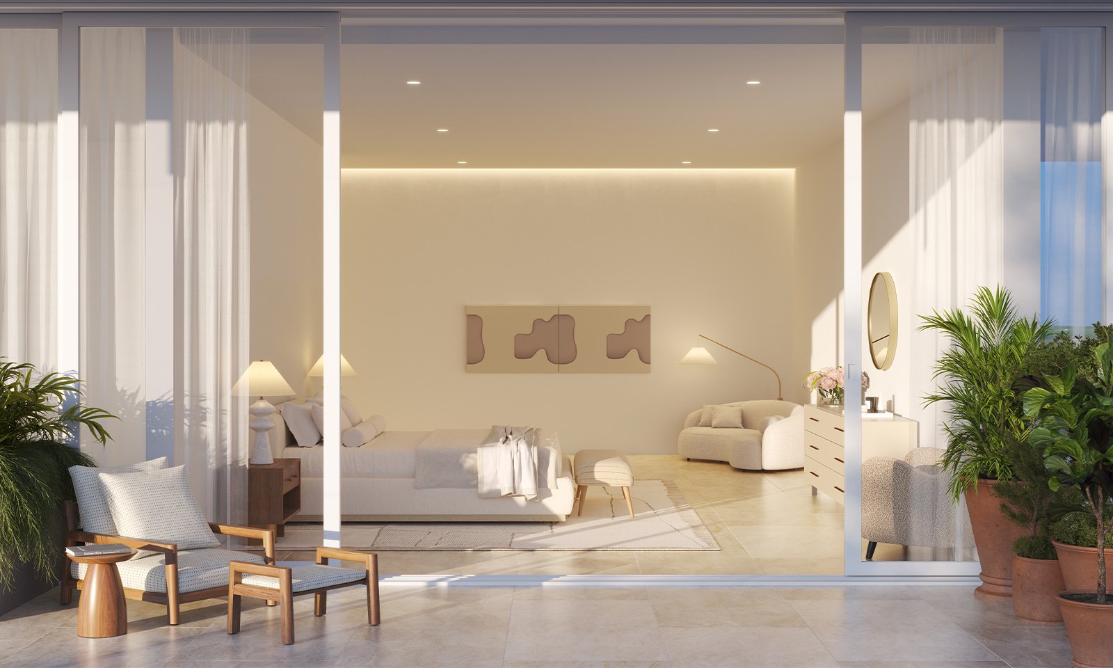Shell Bay by Auberge, Hallandale Beach modern bedroom design, serene suite within luxury and ultra luxury condos; preconstruction. Featuring interior.