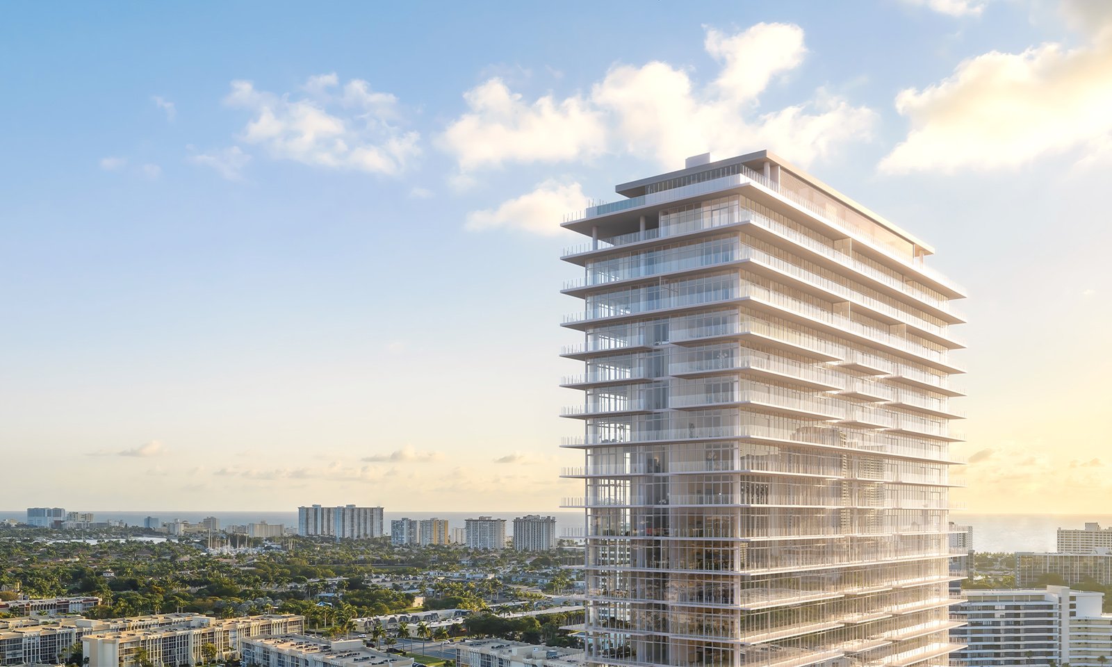 Shell Bay by Auberge, Hallandale Beach high‑rise at sunset, signature tower for luxury and ultra luxury condos; preconstruction. Featuring modern and building.