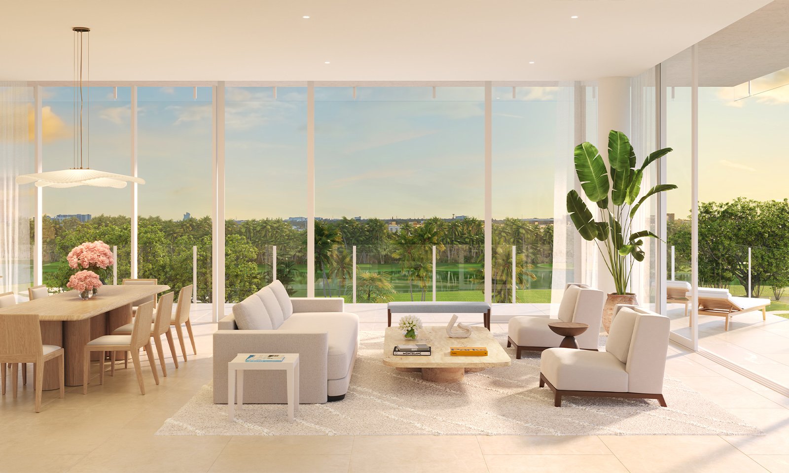 Shell Bay by Auberge, Hallandale Beach living room with wide views, contemporary interiors in luxury and ultra luxury condos; preconstruction. Featuring modern interior view.