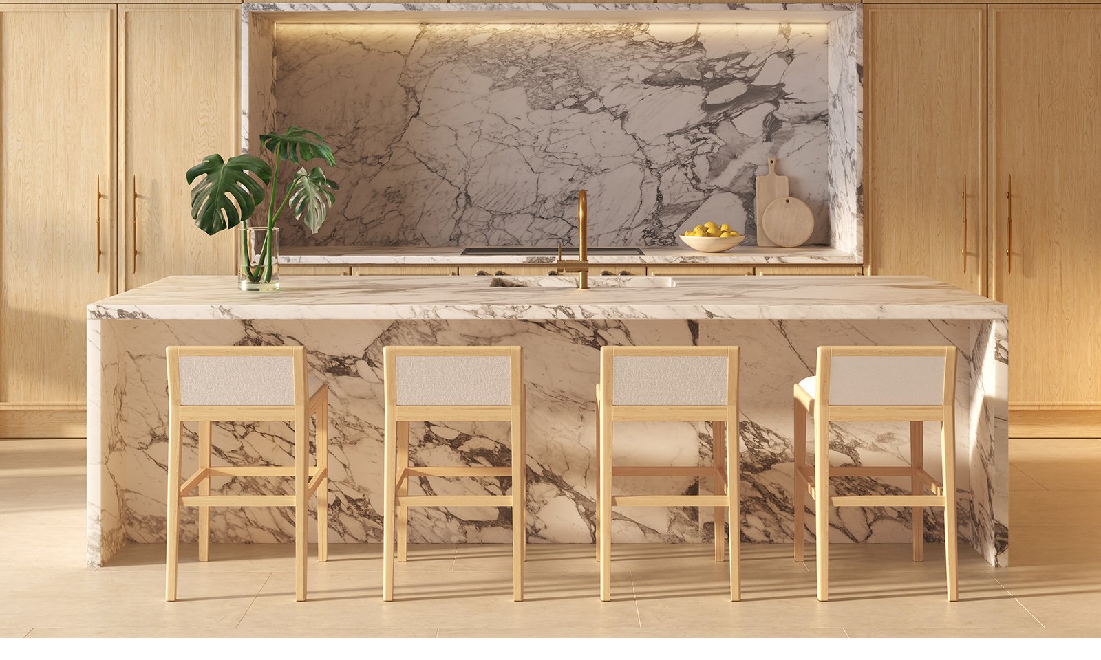 Shell Bay by Auberge, Hallandale Beach marble kitchen design, chef‑ready space in luxury and ultra luxury condos; preconstruction. Featuring modern interior.