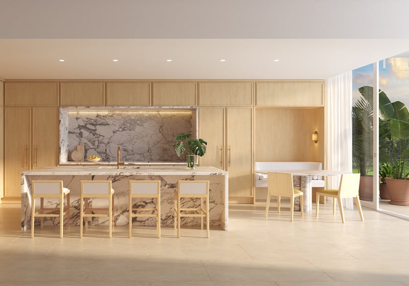 Shell Bay by Auberge, Hallandale Beach modern kitchen interior, premium appliances in luxury and ultra luxury condos; preconstruction.