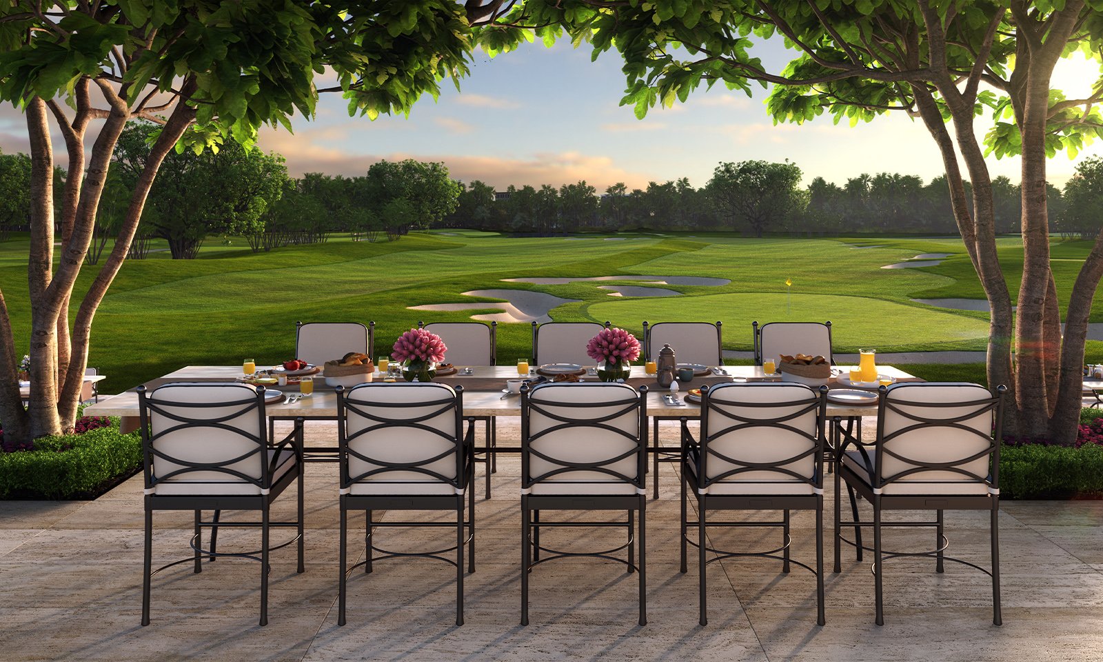 Shell Bay by Auberge, Hallandale Beach outdoor dining with golf view, clubside amenity for luxury and ultra luxury condos; preconstruction.