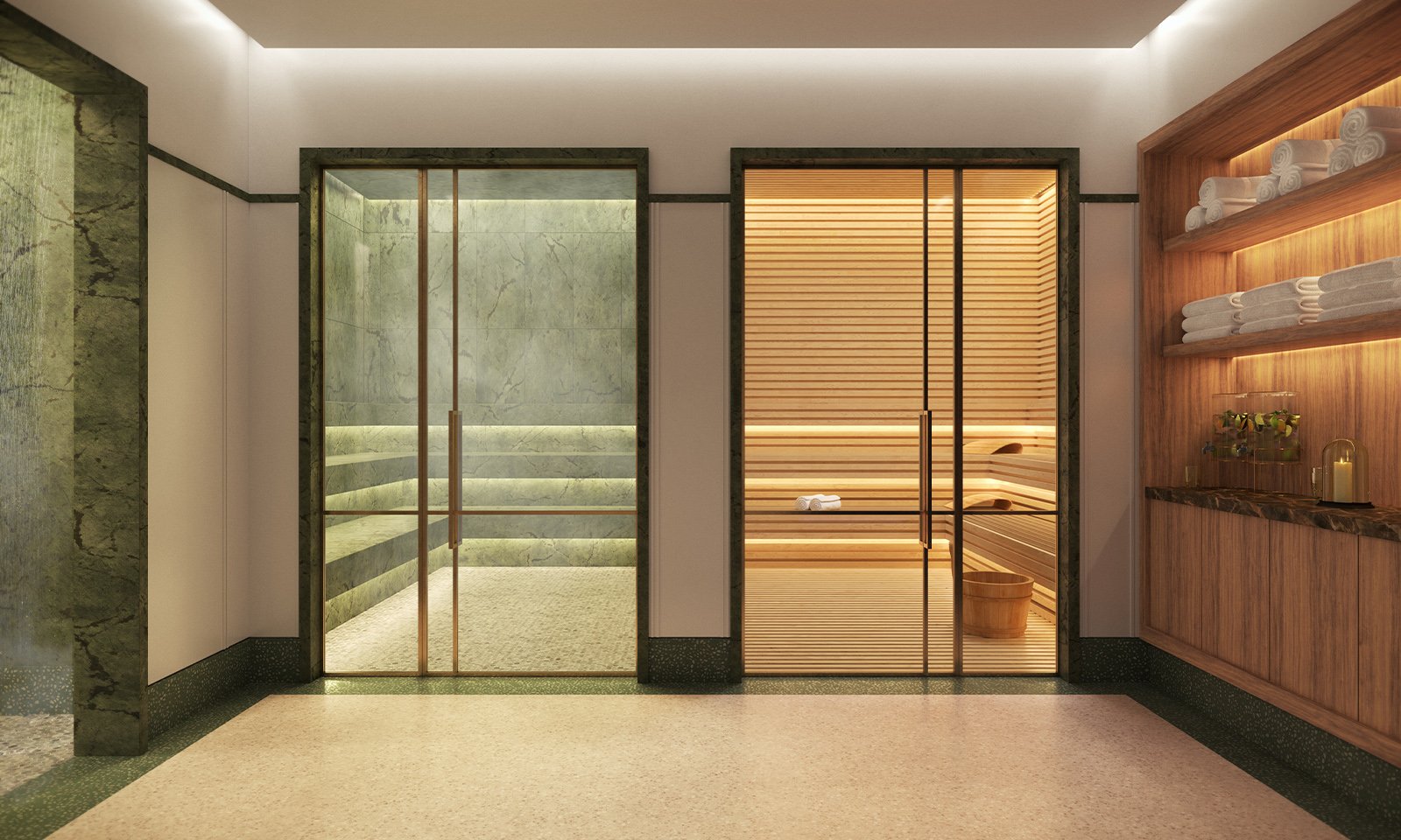 Shell Bay by Auberge, Hallandale Beach spa with sauna therapy, wellness sanctuary for luxury and ultra luxury condos; preconstruction. Featuring interior.