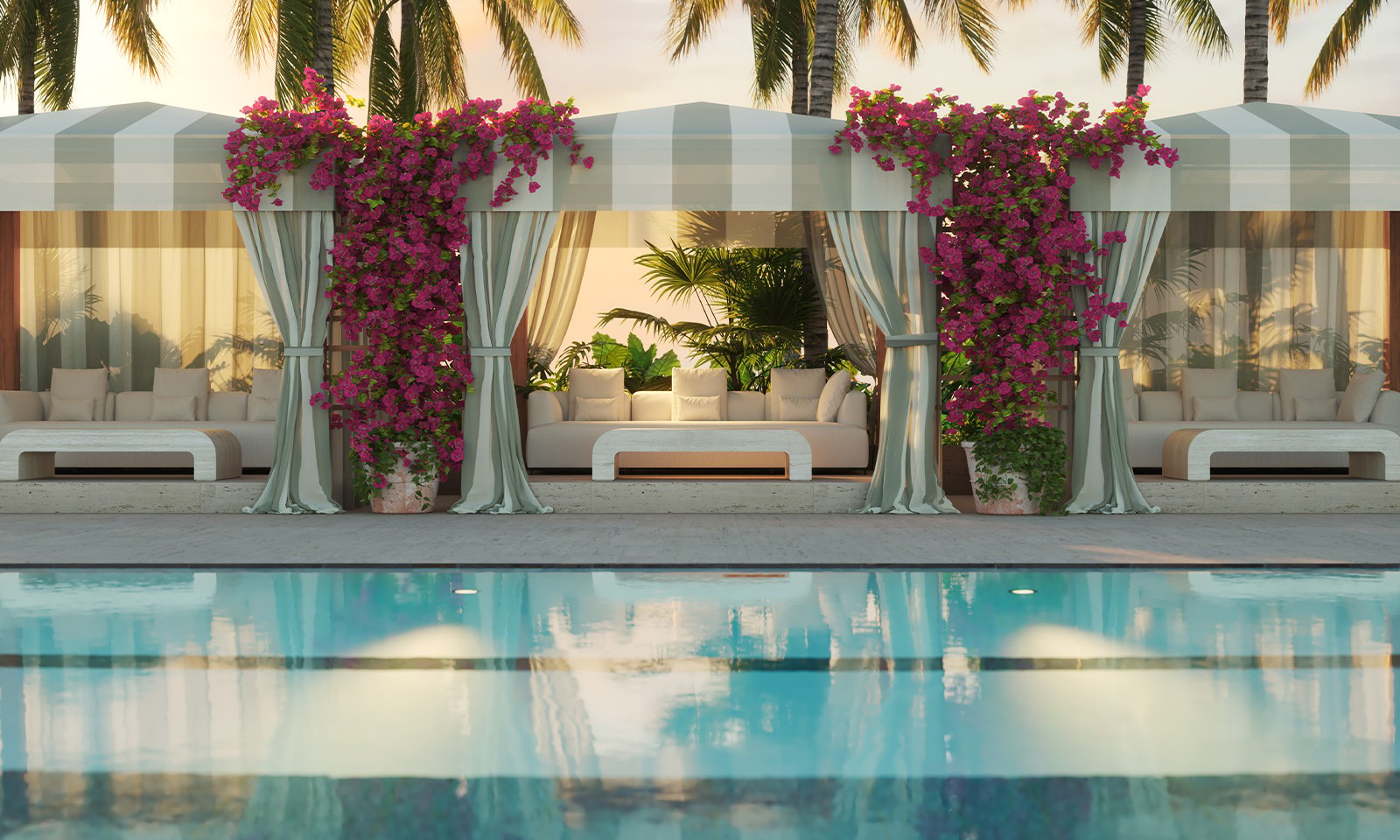 Shell Bay by Auberge, Hallandale Beach poolside cabana, resort leisure for luxury and ultra luxury condos; preconstruction. Featuring tropical.