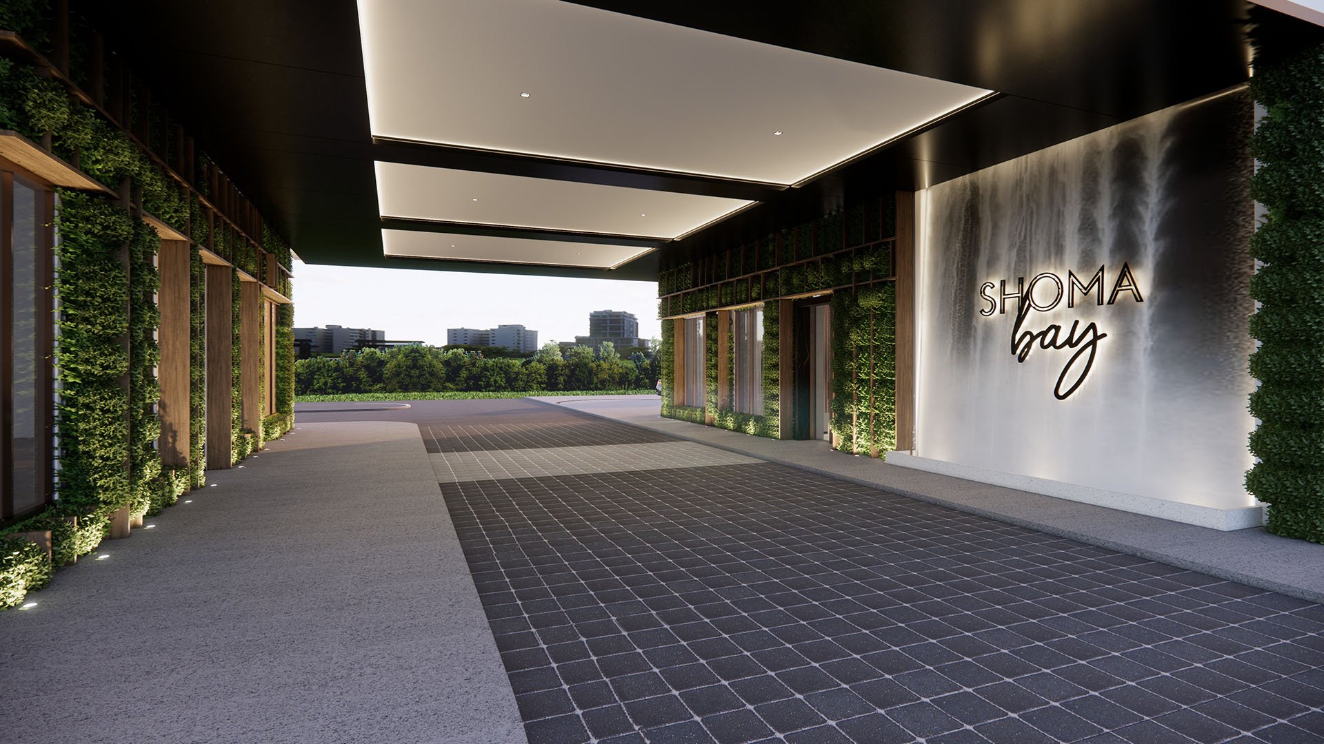 Covered breezeway driveway with living walls and Shoma Bay signage in North Bay Village, Miami, Florida, showcasing luxury and ultra luxury preconstruction condos arrival experience and landscaped entry.
