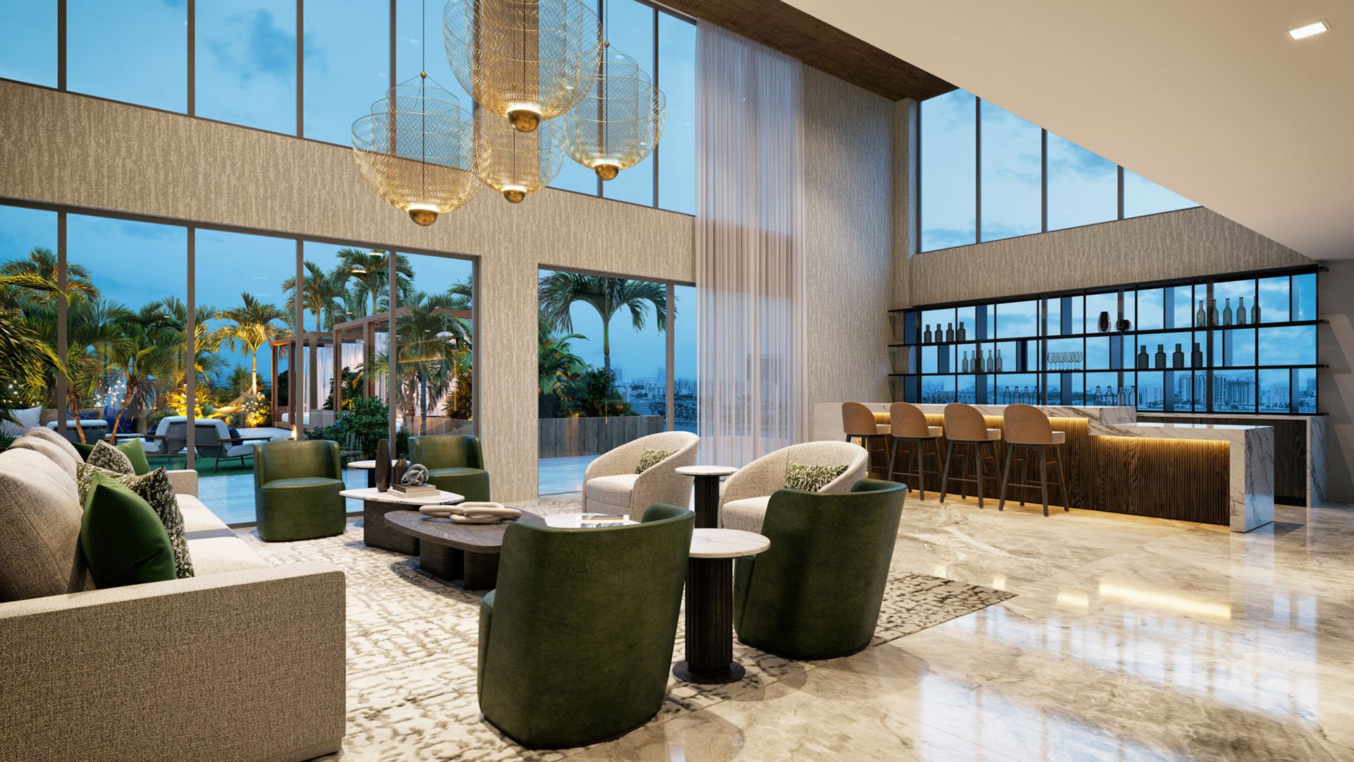Double-height residents lounge with cocktail bar, backlit shelving and bay-view terrace at Shoma Bay, North Bay Village, Miami, Florida, showcasing luxury and ultra luxury preconstruction condos amenities at sunset.