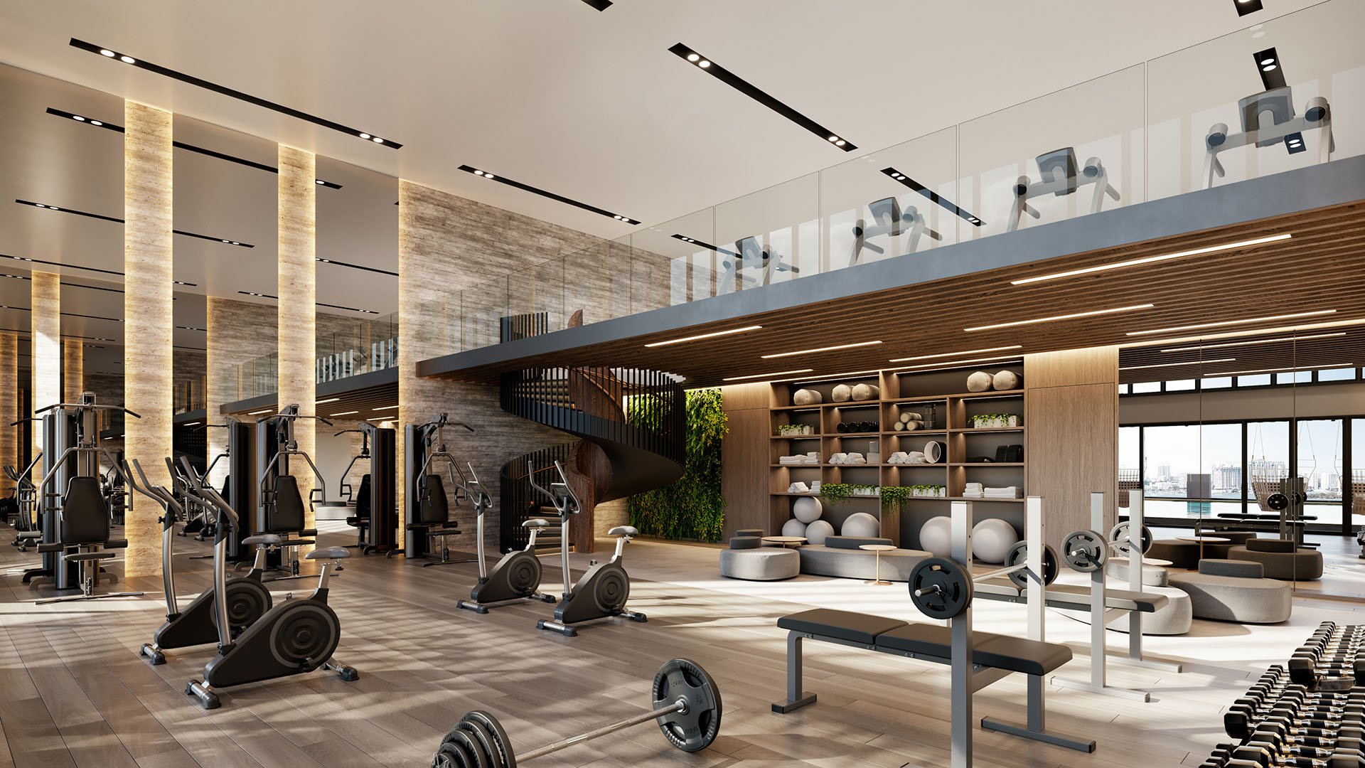 Two-story fitness center gym with mezzanine cardio deck, strength equipment and spiral stair at Shoma Bay, North Bay Village, Miami, Florida, showcasing luxury and ultra luxury preconstruction condos wellness amenities.