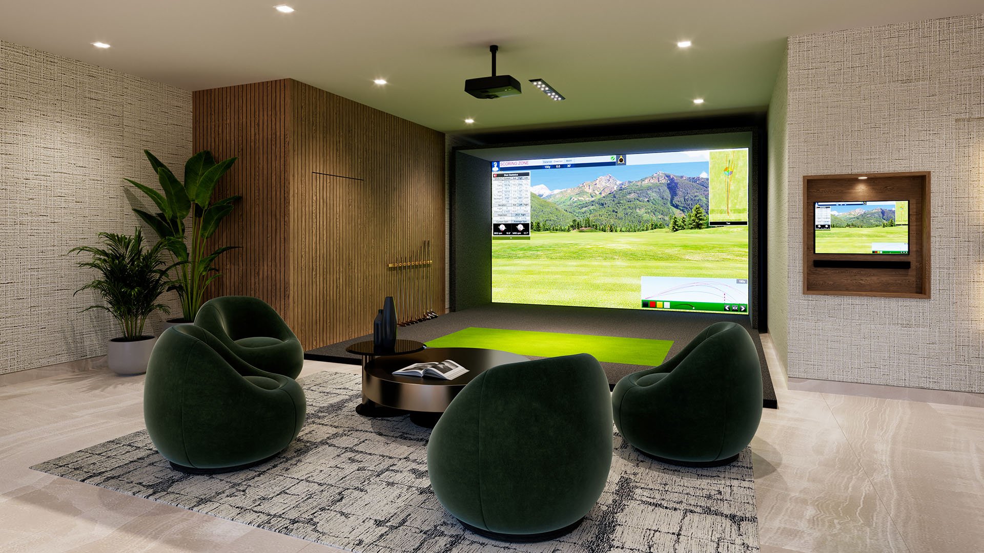 Indoor golf simulator lounge with projection screen, putting turf and plush seating at Shoma Bay, North Bay Village, Miami, Florida, highlighting luxury and ultra luxury preconstruction condos entertainment amenity.