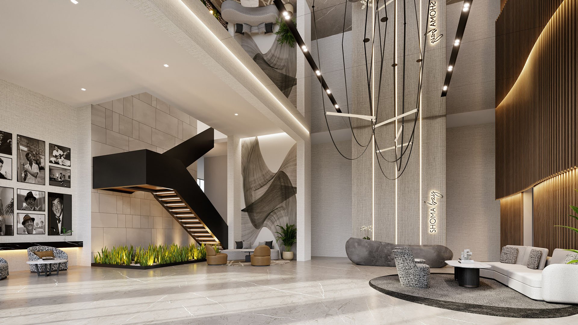 Grand double-height lobby with statement staircase, designer lighting and concierge lounge seating at Shoma Bay, North Bay Village, Miami, Florida, showcasing luxury and ultra luxury preconstruction condos arrival.