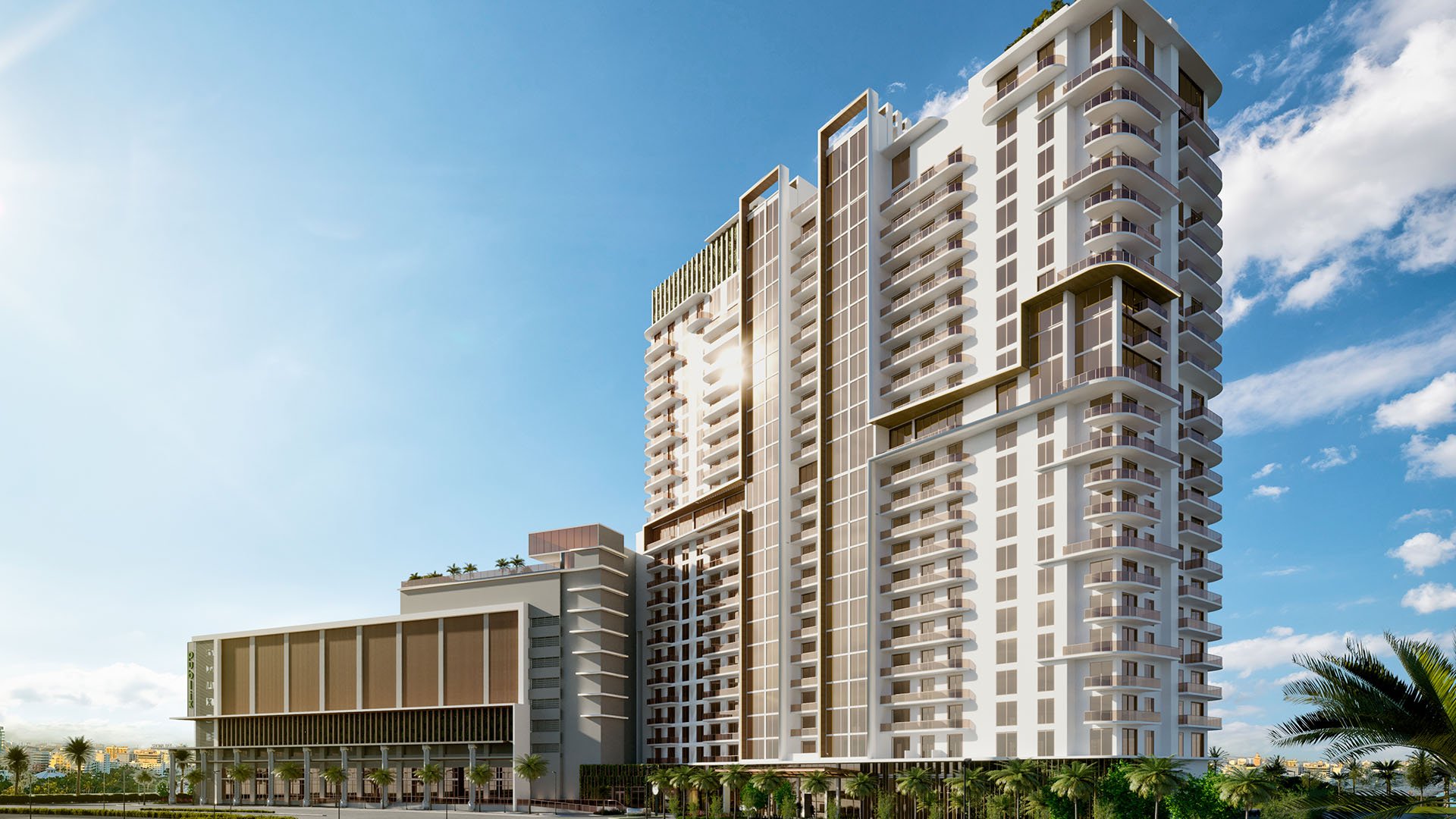 Daytime exterior rendering of Shoma Bay condominium tower in North Bay Village, Miami, Florida, showcasing luxury and ultra luxury preconstruction condos with modern balconies, glass facade and podium amenities.