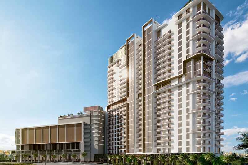 Daytime exterior rendering of Shoma Bay condominium tower in North Bay Village, Miami, Florida, showcasing luxury and ultra luxury preconstruction condos with modern balconies, glass facade and podium amenities.