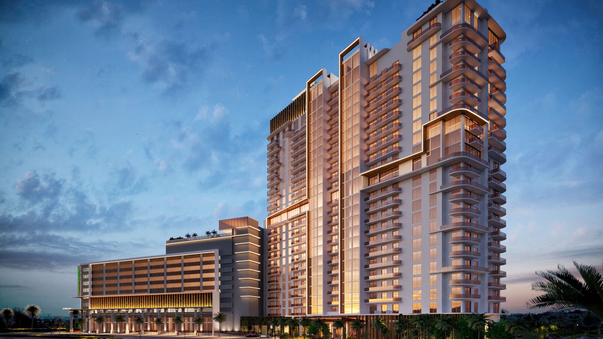 Dusk skyline exterior rendering of Shoma Bay in North Bay Village, Miami, Florida, highlighting illuminated architecture of luxury and ultra luxury preconstruction condos with resort-style podium and palm-lined streetscape.