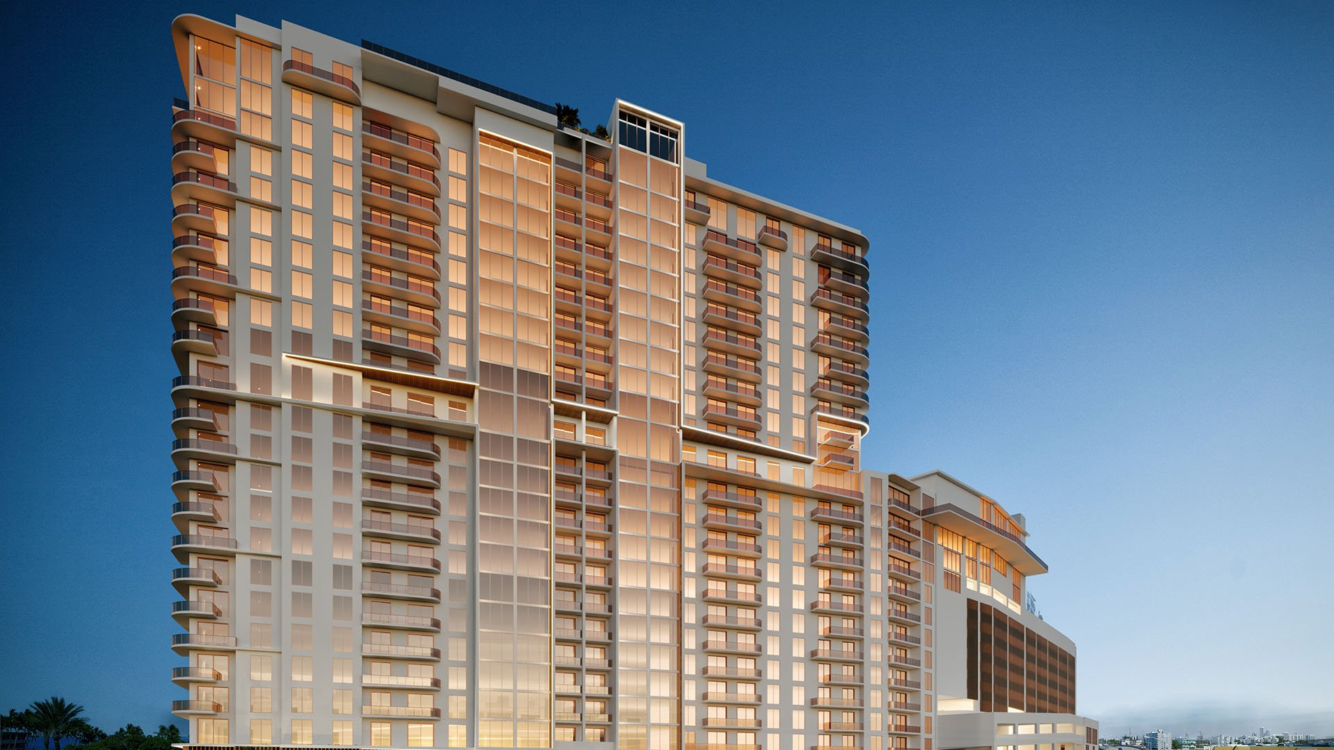 Close-up dusk view of Shoma Bay tower with glowing windows and balconies in North Bay Village, Miami, Florida, highlighting luxury and ultra luxury preconstruction condos modern high-rise architecture.