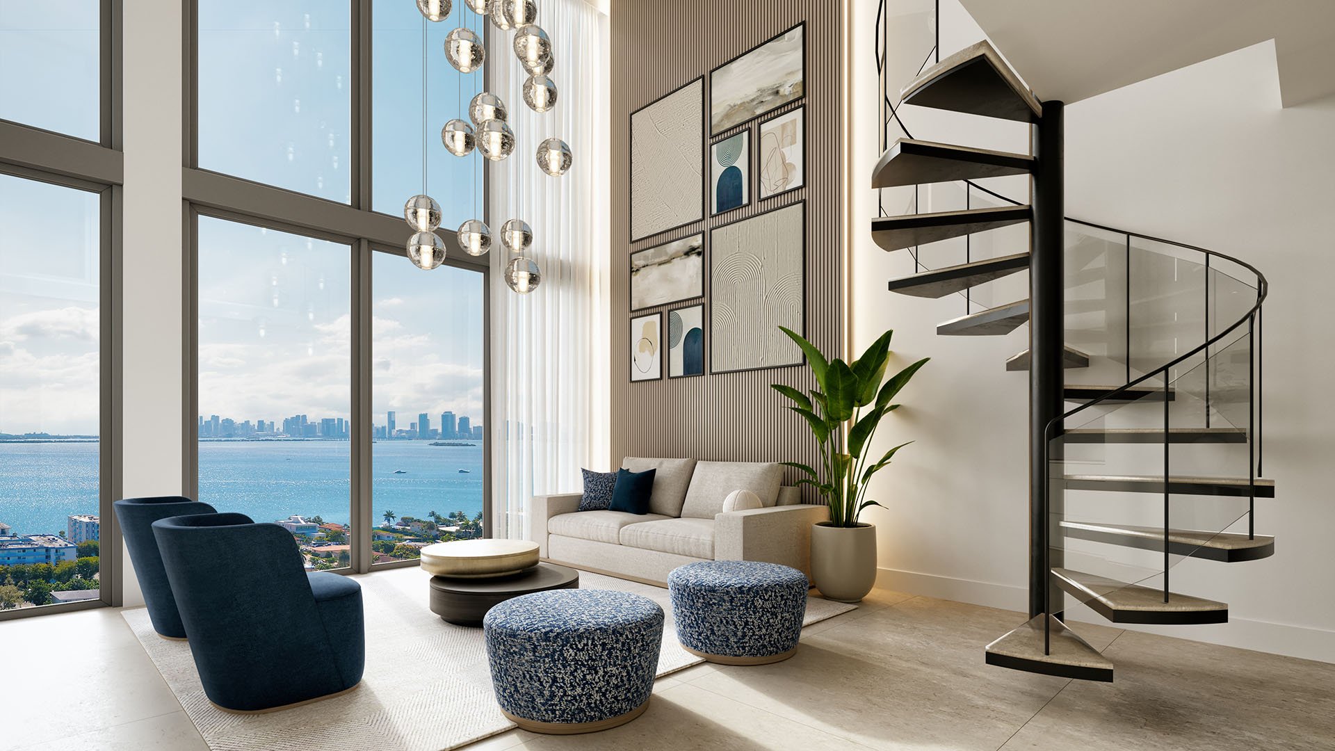 Penthouse living room with spiral staircase, double-height windows and Biscayne Bay skyline views at Shoma Bay, North Bay Village, Miami, Florida, highlighting luxury and ultra luxury preconstruction condos penthouse design.