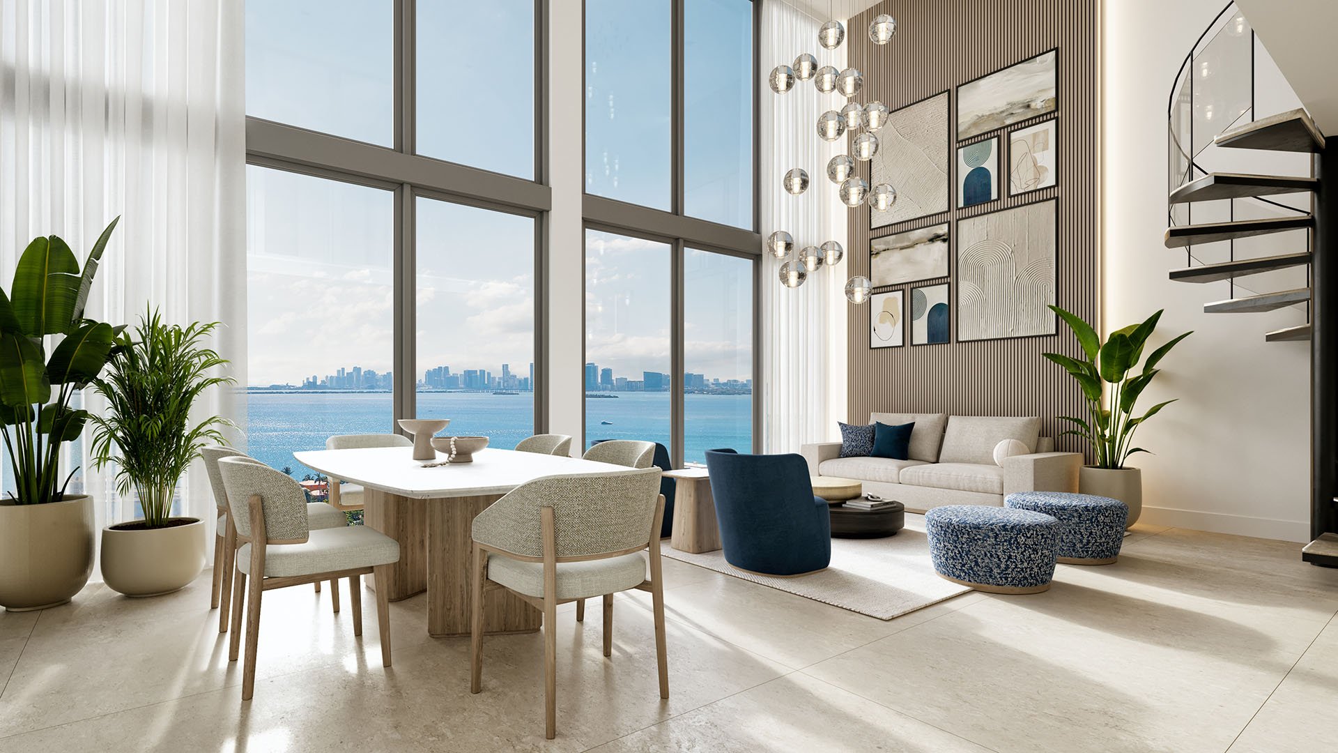 Shoma Bay North Bay Village, Miami, Florida Penthouse 2 double-height living room and dining area with spiral staircase, floor-to-ceiling windows, glass globe chandelier and Biscayne Bay views, luxury and ultra luxury preconstruction condos.