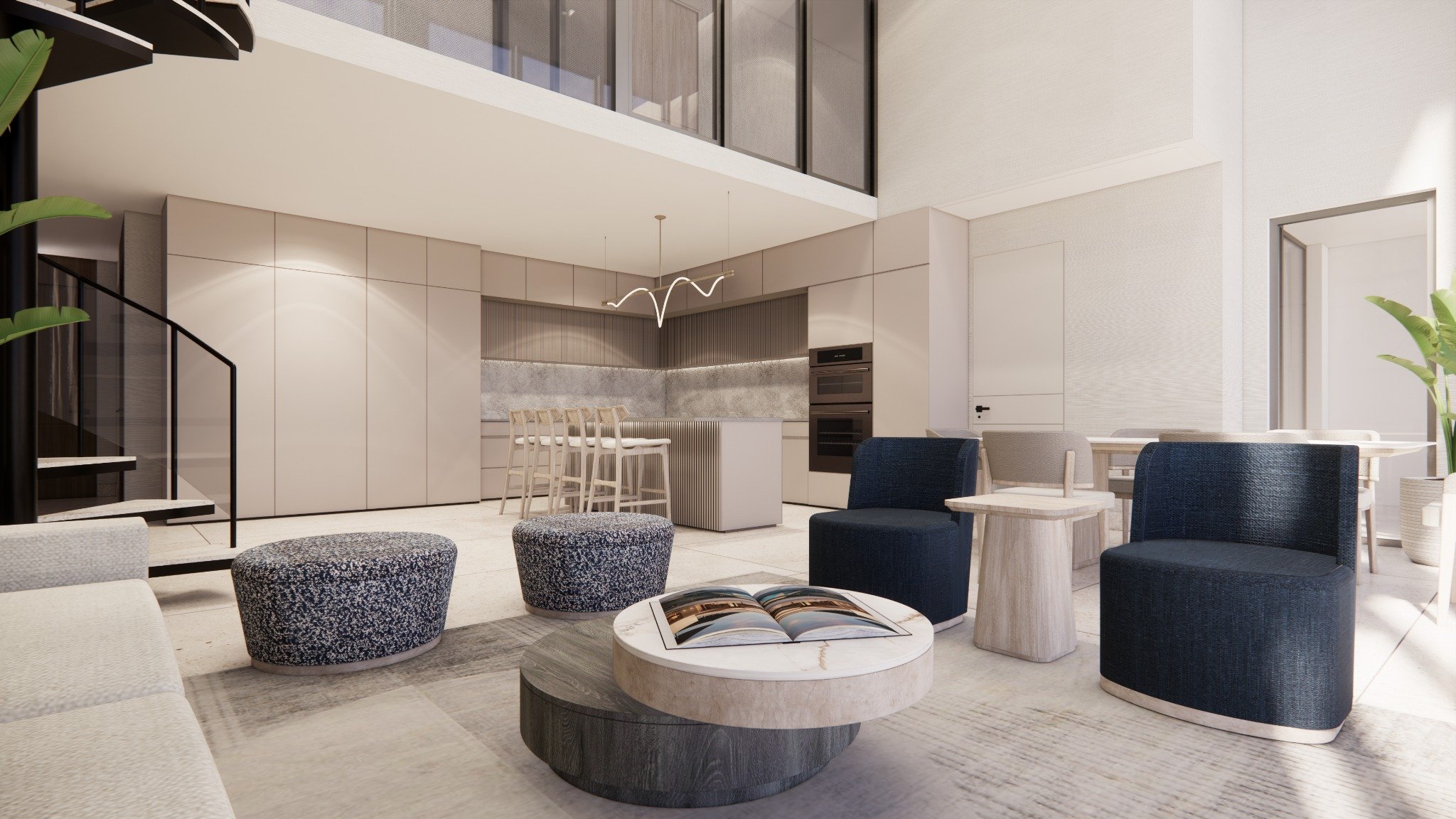 Shoma Bay North Bay Village, Miami, Florida Penthouse 2 open-concept living room with kitchen island, bar stools and spiral staircase, modern neutral finishes and lounge seating, representing luxury and ultra luxury preconstruction condos.