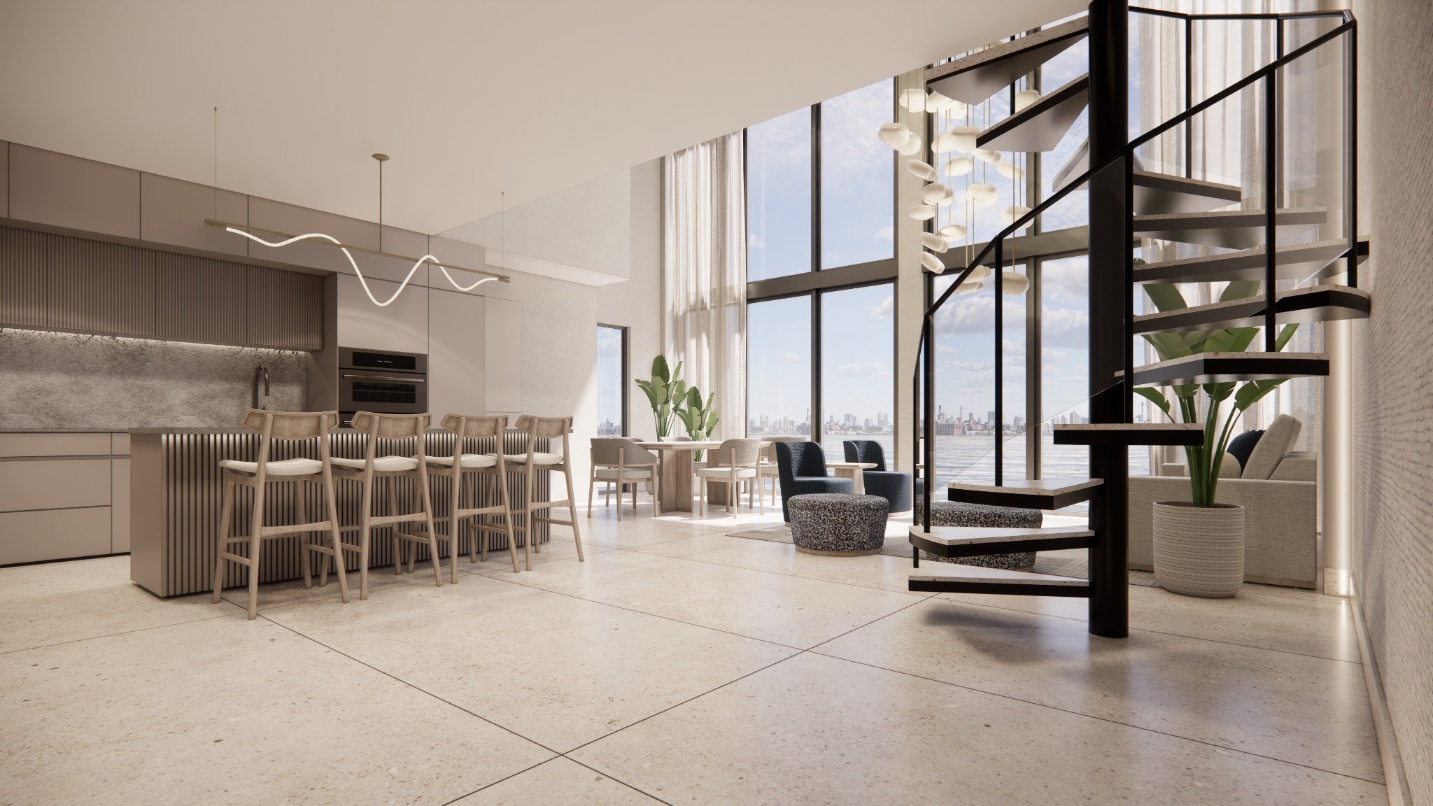 Shoma Bay North Bay Village, Miami, Florida Penthouse 2 open-concept kitchen with large island, bar seating and black spiral staircase beside double-height windows overlooking Biscayne Bay, showcasing luxury and ultra luxury preconstruction condos.