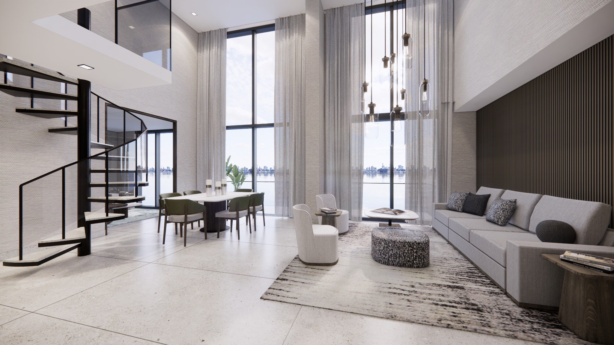 Shoma Bay North Bay Village, Miami, Florida Penthouse 7 great room with floor-to-ceiling windows, spiral staircase, living and dining zones and Biscayne Bay panorama, showcasing luxury and ultra luxury preconstruction condos.