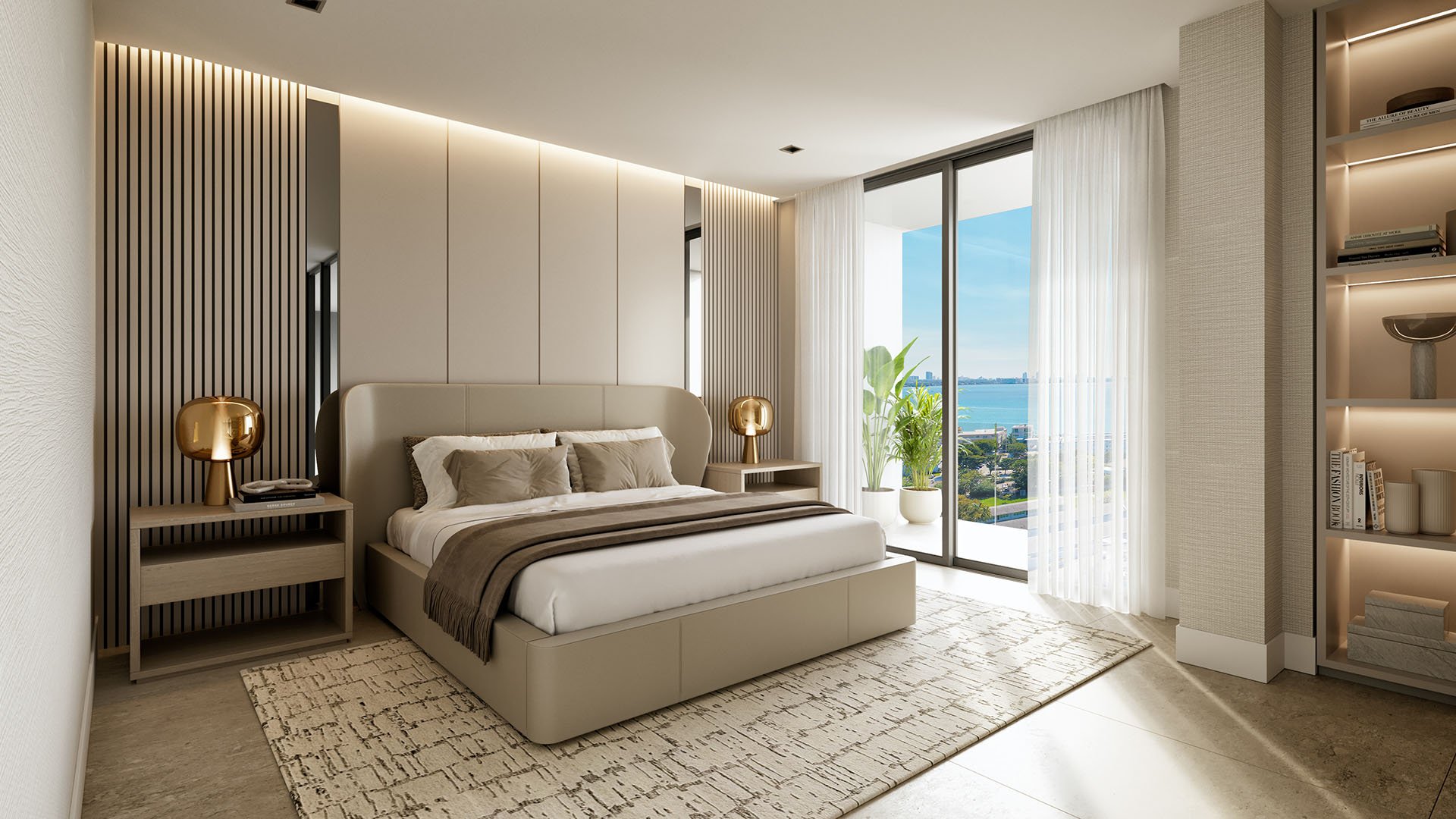 Shoma Bay North Bay Village, Miami, Florida penthouse bedroom with slat accent wall, custom wardrobe cabinetry and balcony door overlooking Biscayne Bay, modern lighting and finishes for luxury and ultra luxury preconstruction condos.
