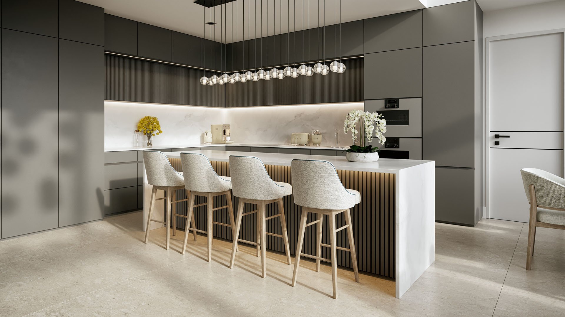 Shoma Bay North Bay Village, Miami, Florida penthouse kitchen with dark cabinetry, white waterfall island, breakfast bar seating and pendant lights, crafted for luxury and ultra luxury preconstruction condos interiors.