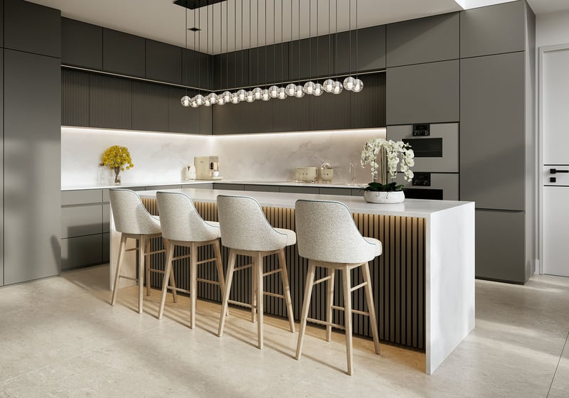 Shoma Bay North Bay Village, Miami, Florida penthouse kitchen with dark cabinetry, white waterfall island, breakfast bar seating and pendant lights, crafted for luxury and ultra luxury preconstruction condos interiors.