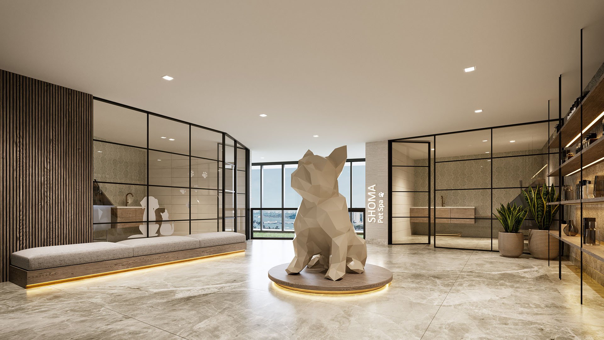 Shoma Bay North Bay Village, Miami, Florida pet spa amenity with grooming and wash stations, glass partitions and signature dog sculpture, part of luxury and ultra luxury preconstruction condos community amenities.