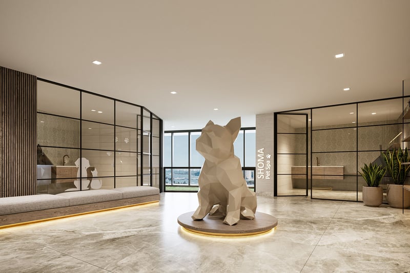 Shoma Bay North Bay Village, Miami, Florida pet spa amenity with grooming and wash stations, glass partitions and signature dog sculpture, part of luxury and ultra luxury preconstruction condos community amenities.