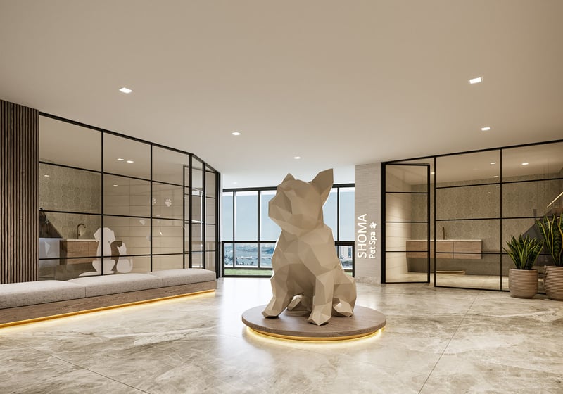 Shoma Bay North Bay Village, Miami, Florida pet spa amenity with grooming and wash stations, glass partitions and signature dog sculpture, part of luxury and ultra luxury preconstruction condos community amenities.