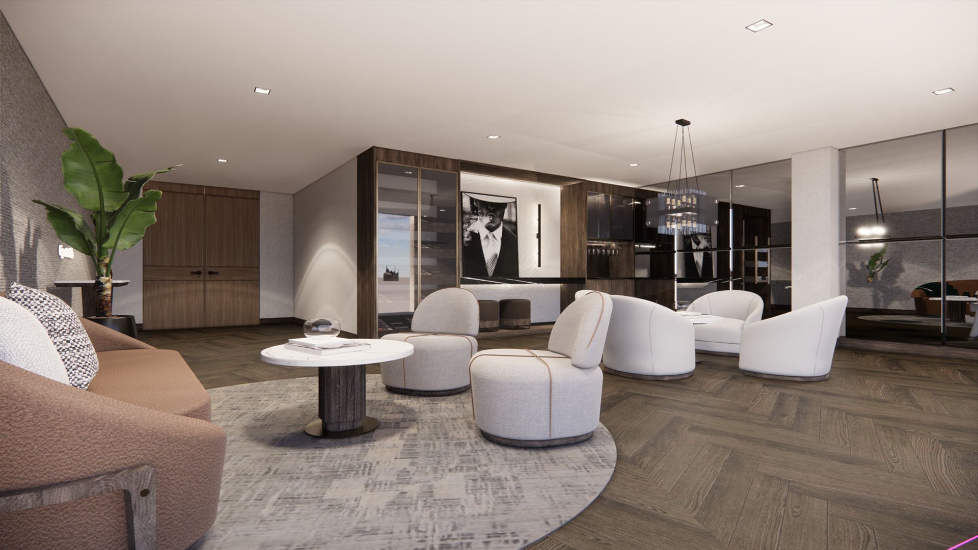 Shoma Bay North Bay Village, Miami, Florida private cigar lounge and club room with bar, lounge seating and rich wood finishes, exclusive amenity for luxury and ultra luxury preconstruction condos residents.