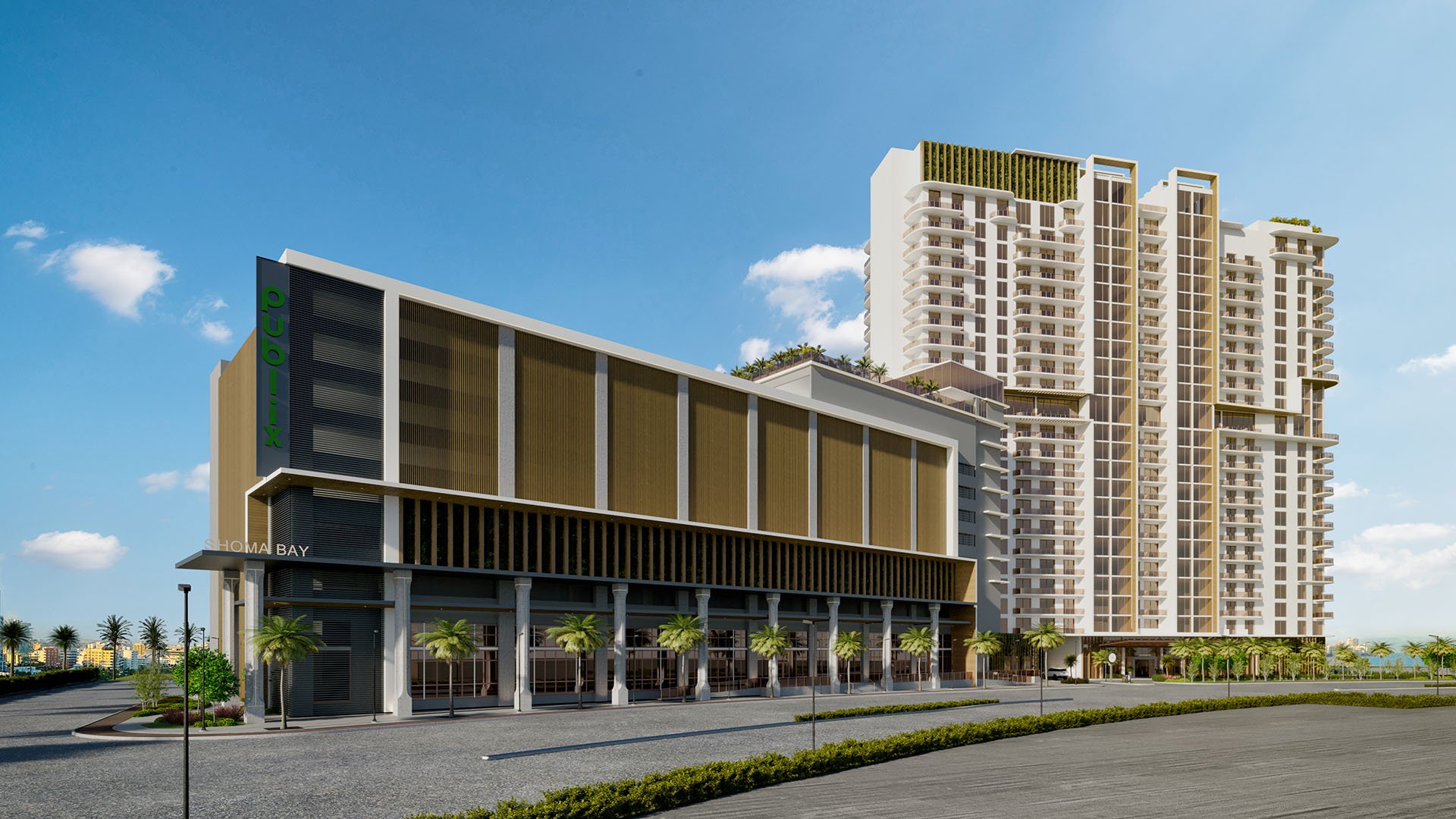 Shoma Bay North Bay Village, Miami, Florida daytime exterior rendering of Publix-anchored mixed-use podium with residential tower, balconies and palms, featuring luxury and ultra luxury preconstruction condos above retail.