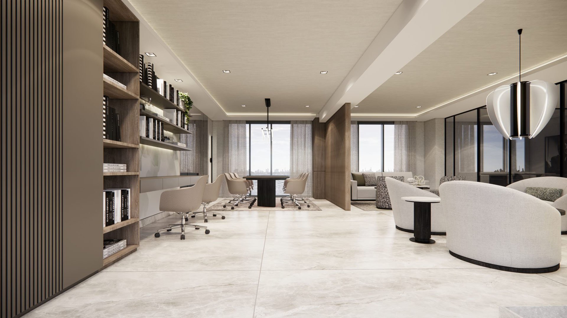 Shoma Bay North Bay Village, Miami FL residents library and coworking space with built-in bookshelves, conference table and lounge seating overlooking the skyline, showcasing luxury and ultra luxury preconstruction condos amenities.