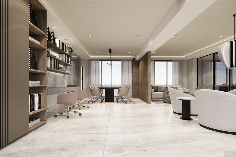 Shoma Bay North Bay Village, Miami FL residents library and coworking space with built-in bookshelves, conference table and lounge seating overlooking the skyline, showcasing luxury and ultra luxury preconstruction condos amenities.
