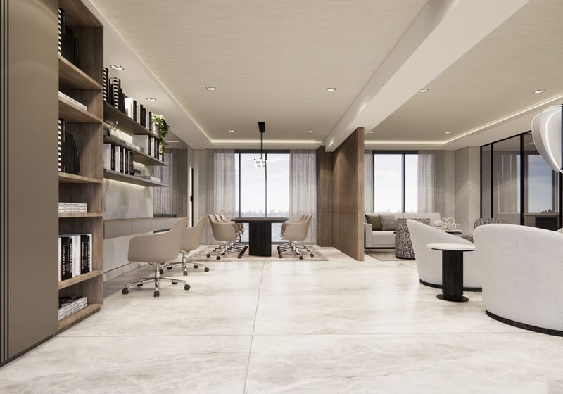 Shoma Bay North Bay Village, Miami FL residents library and coworking space with built-in bookshelves, conference table and lounge seating overlooking the skyline, showcasing luxury and ultra luxury preconstruction condos amenities.