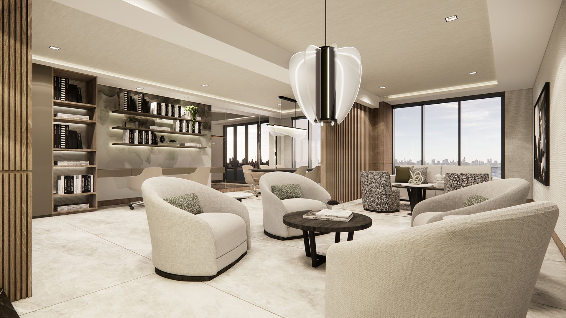 Shoma Bay North Bay Village Miami, Florida residents library reading lounge with sculptural pendant light, plush seating, bookshelves and private workspace with skyline views, part of luxury and ultra luxury preconstruction condos.