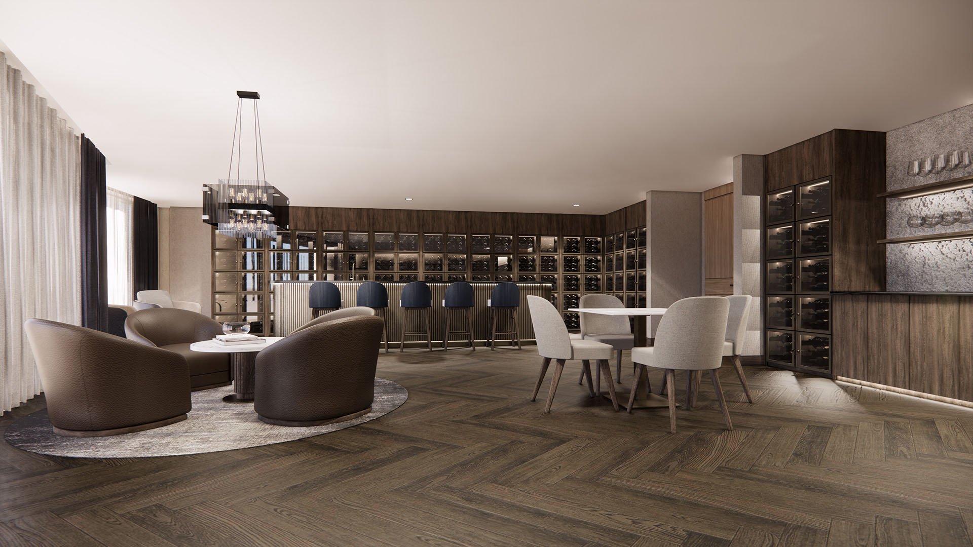 Shoma Bay North Bay Village Shoma Wine Club private tasting room with wine wall cellar, bar seating and lounge area, highlighting luxury and ultra luxury preconstruction condos amenities in Miami, Florida.