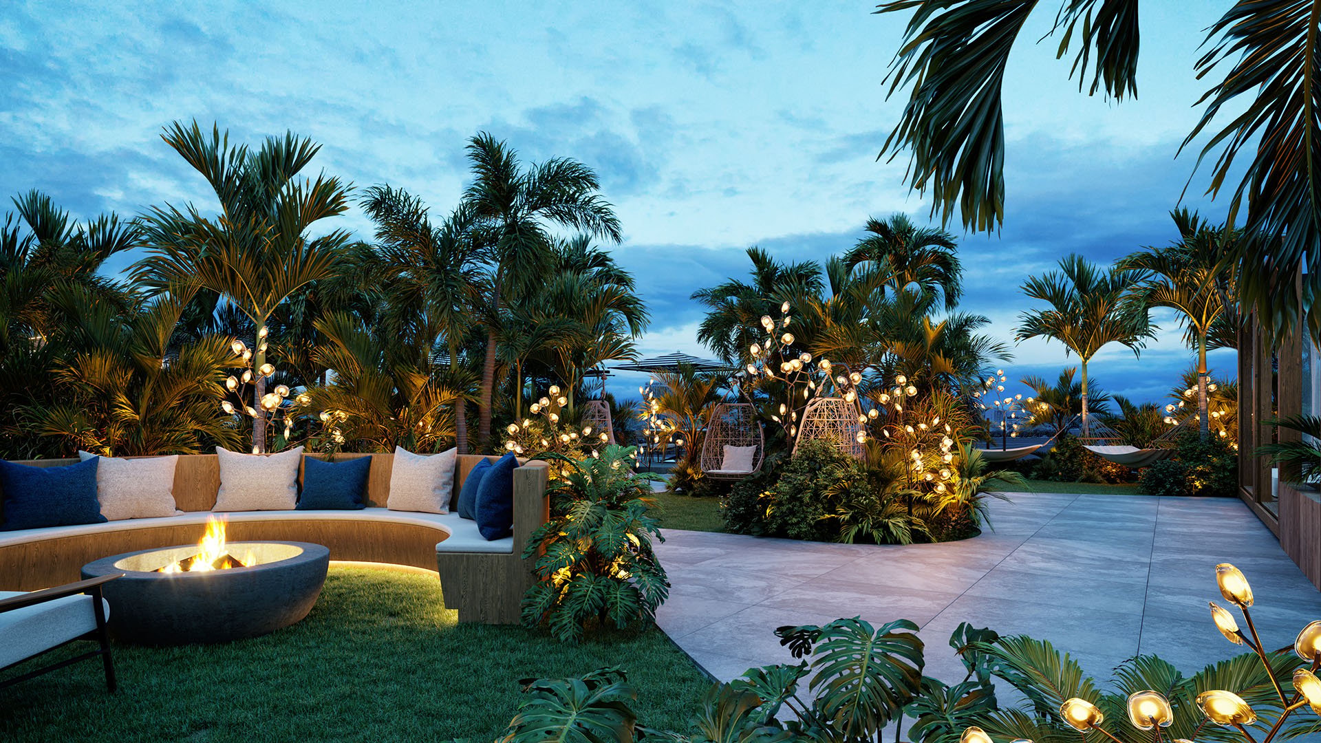 Shoma Bay North Bay Village rooftop zen garden at night with fire pit lounge, tropical landscaping, glowing lights and hanging chairs, showcasing luxury and ultra luxury preconstruction condos amenities in Miami, Florida.