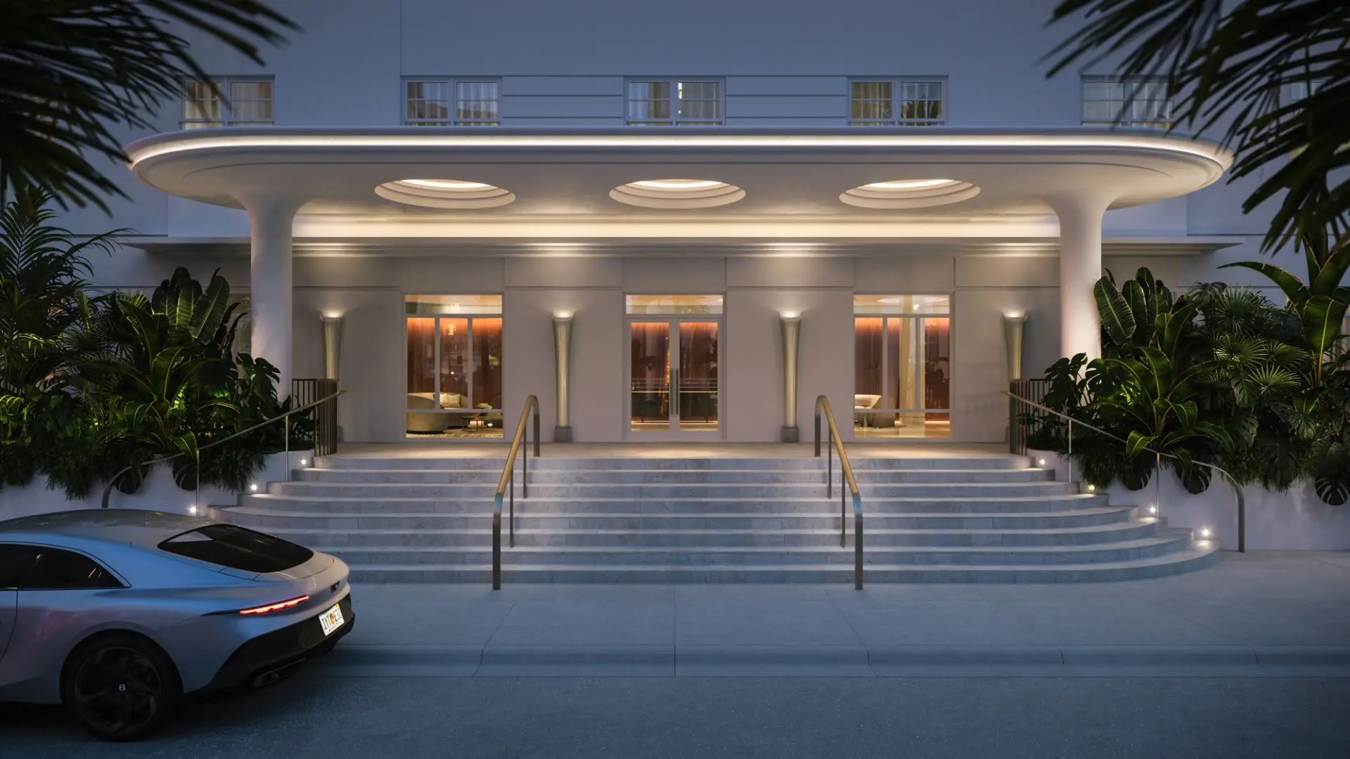 Shore Club, Miami Beach hotel entrance with modern architecture, iconic oceanfront address of luxury and ultra luxury condos; preconstruction.