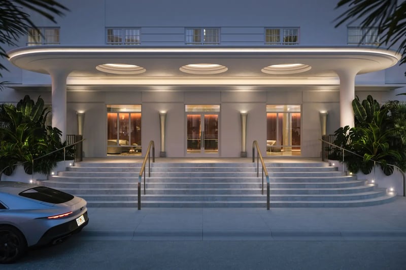 Shore Club, Miami Beach hotel entrance with modern architecture, iconic oceanfront address of luxury and ultra luxury condos; preconstruction.