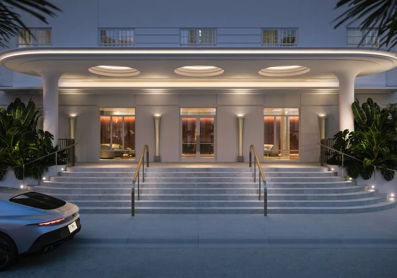 Shore Club, Miami Beach hotel entrance with modern architecture, iconic oceanfront address of luxury and ultra luxury condos; preconstruction.