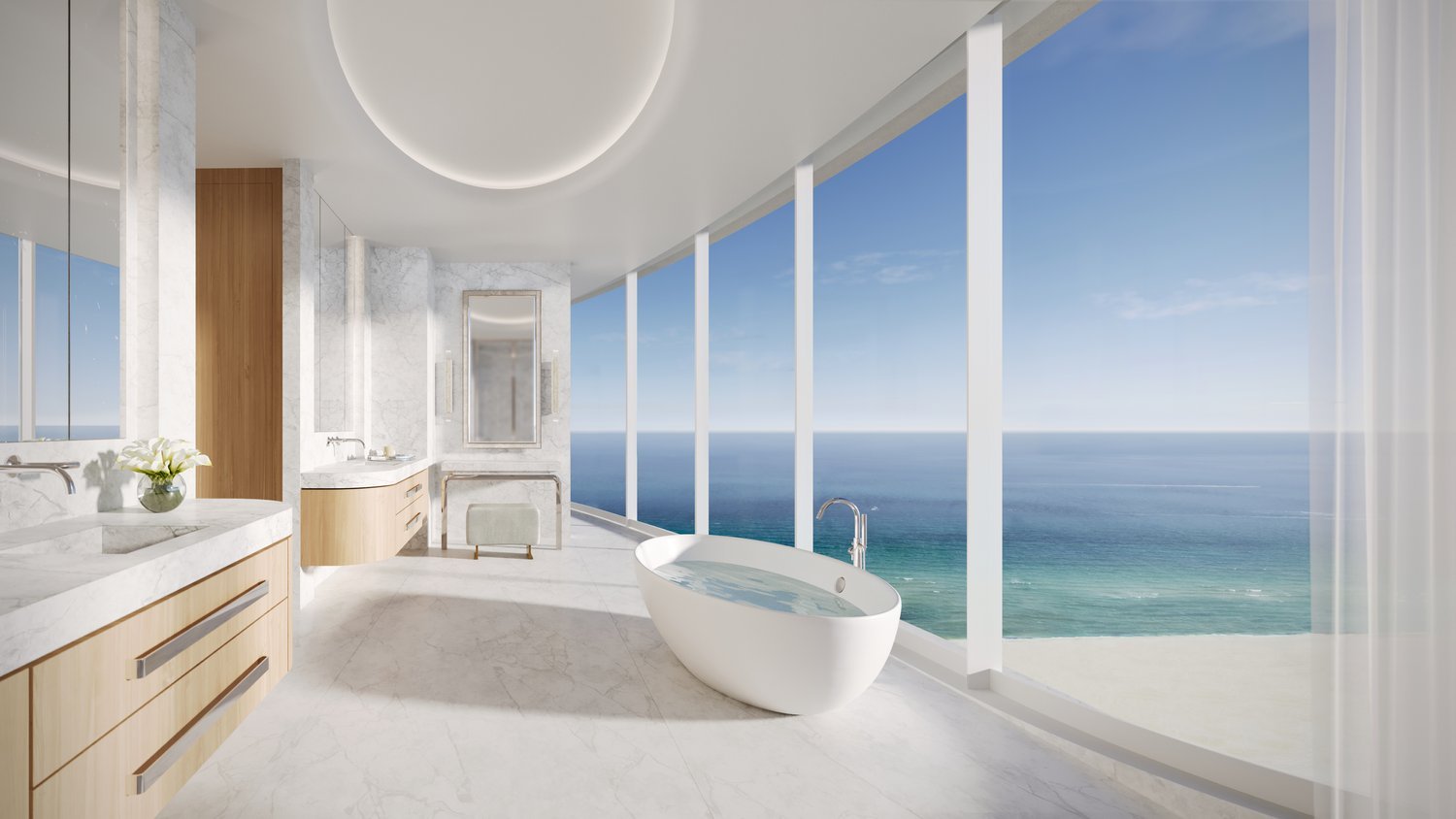 Shore Club, Miami Beach luxury bathroom with ocean view, refined finishes in luxury and ultra luxury condos; preconstruction.