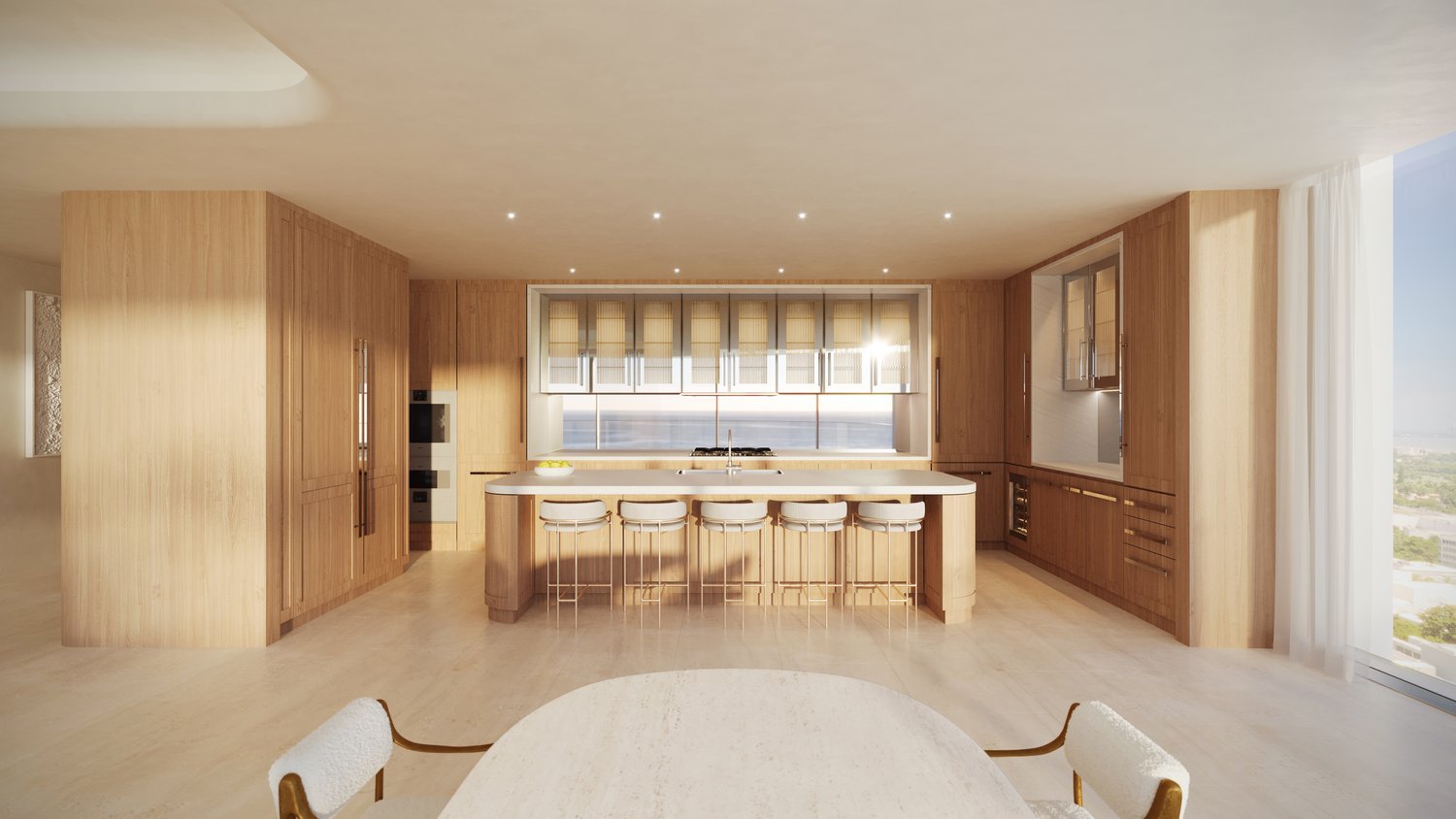 Shore Club, Miami Beach modern kitchen interior with marble and integrated appliances, refined finishes within luxury and ultra luxury condos; preconstruction. Featuring design.