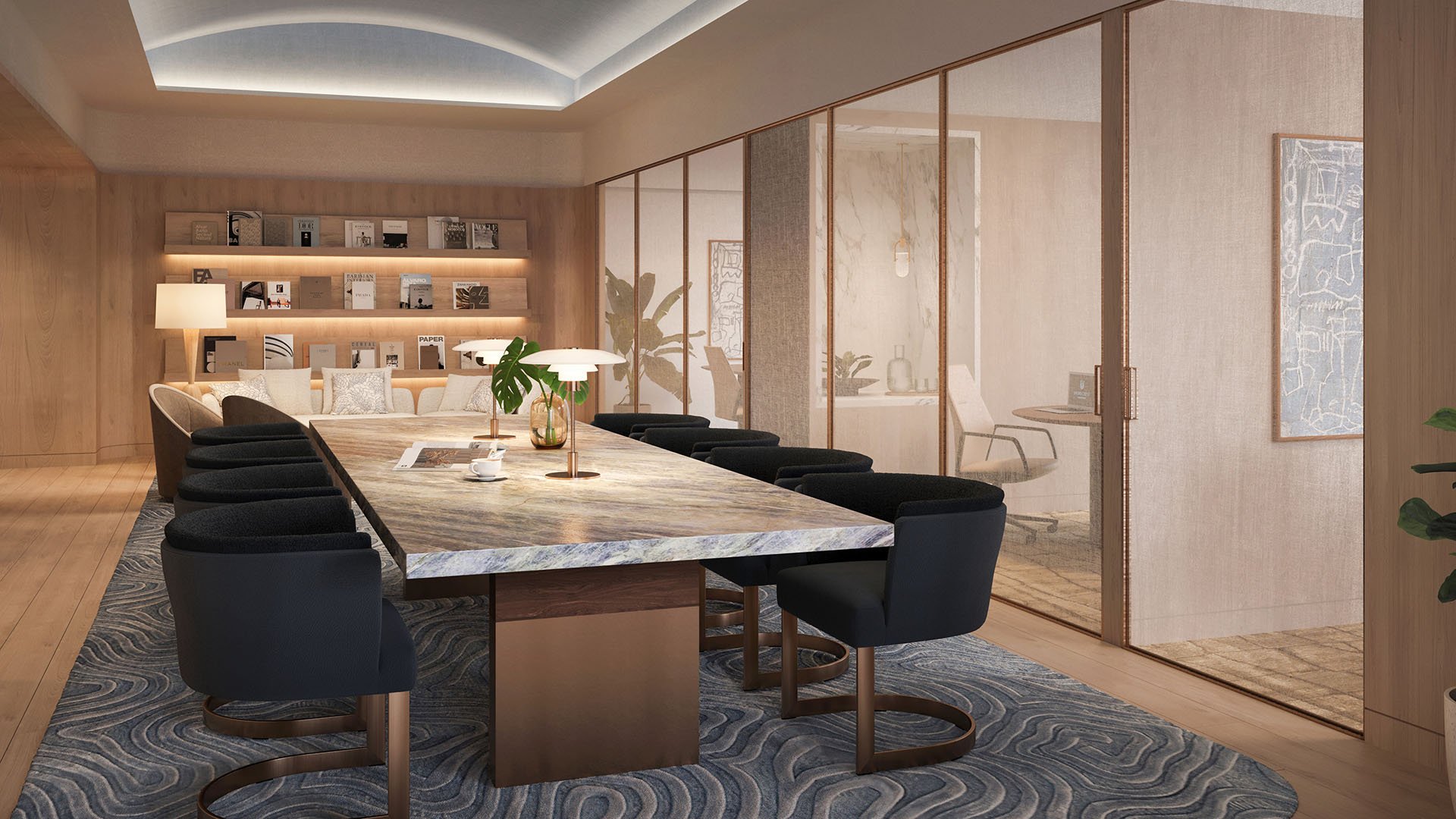 Shorecrest Flagler Drive coworking space on Flagler Drive, West Palm Beach, Florida, with marble conference table, lounge seating and glass-walled private offices - luxury, ultra luxury preconstruction condos amenity.