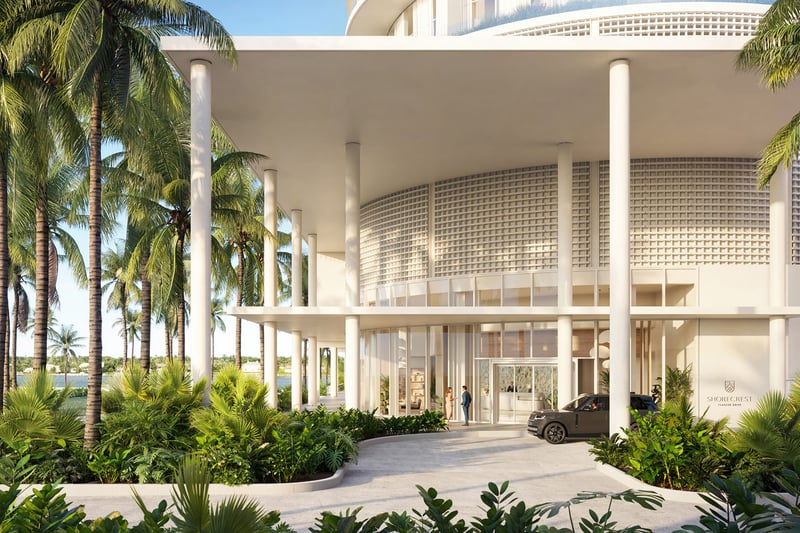 Shorecrest Flagler Drive grand porte cochere entrance on Flagler Drive, West Palm Beach, Florida, with covered drop-off, modern facade and palm landscaping - luxury, ultra luxury preconstruction condos arrival.